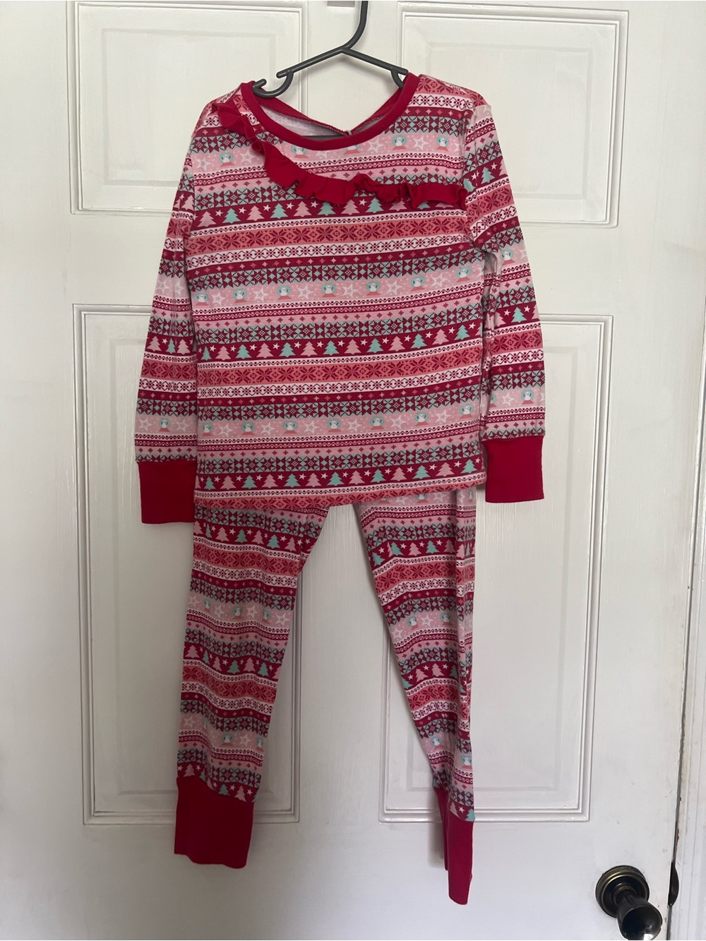 American Girl Red and White Fair Isle Ruffle Neck Pajama Set